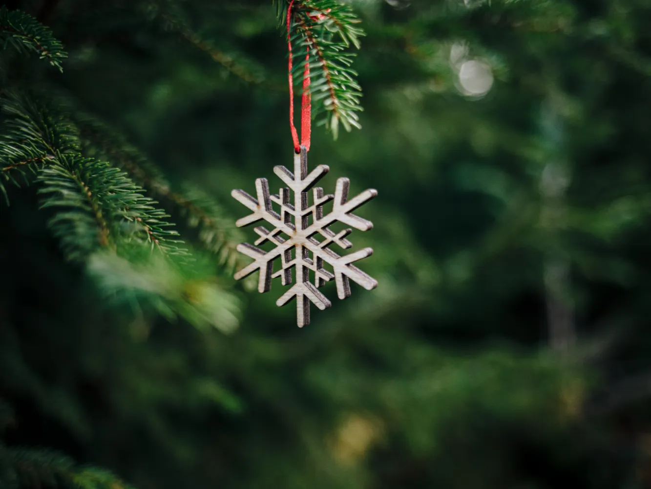 closeup-wooden-snowflake-shaped-christmas-ornament-pine-tree