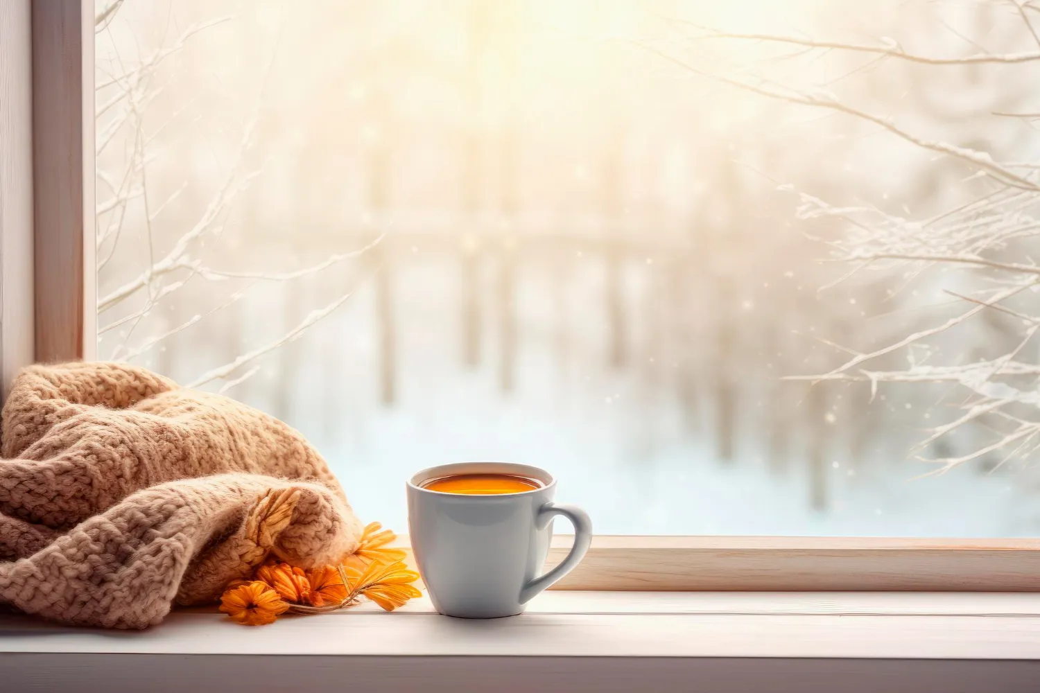 mug-hot-coffee-woolen-knitting-windowsill-against-snow-landscape-from-outside