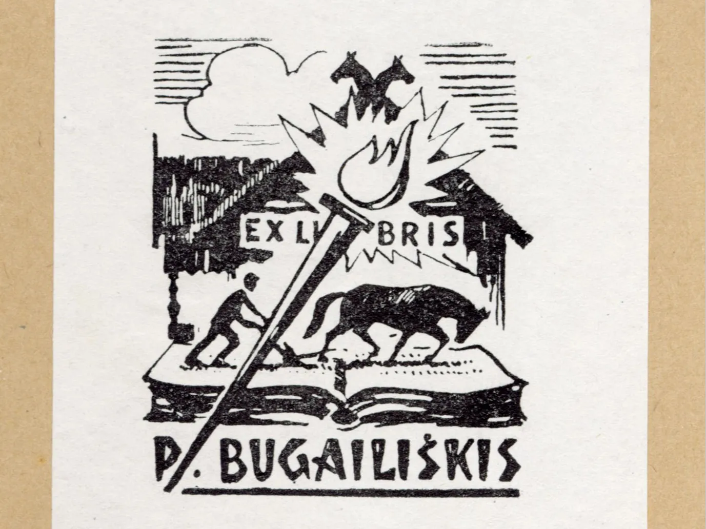 Dailininko Jeronimo Kmieliausko sukurtas ekslibrisas, kurį „Aušros“ muziejininkai padovanojo Peliksui Bugailiškiui 1963 m. ŠAM