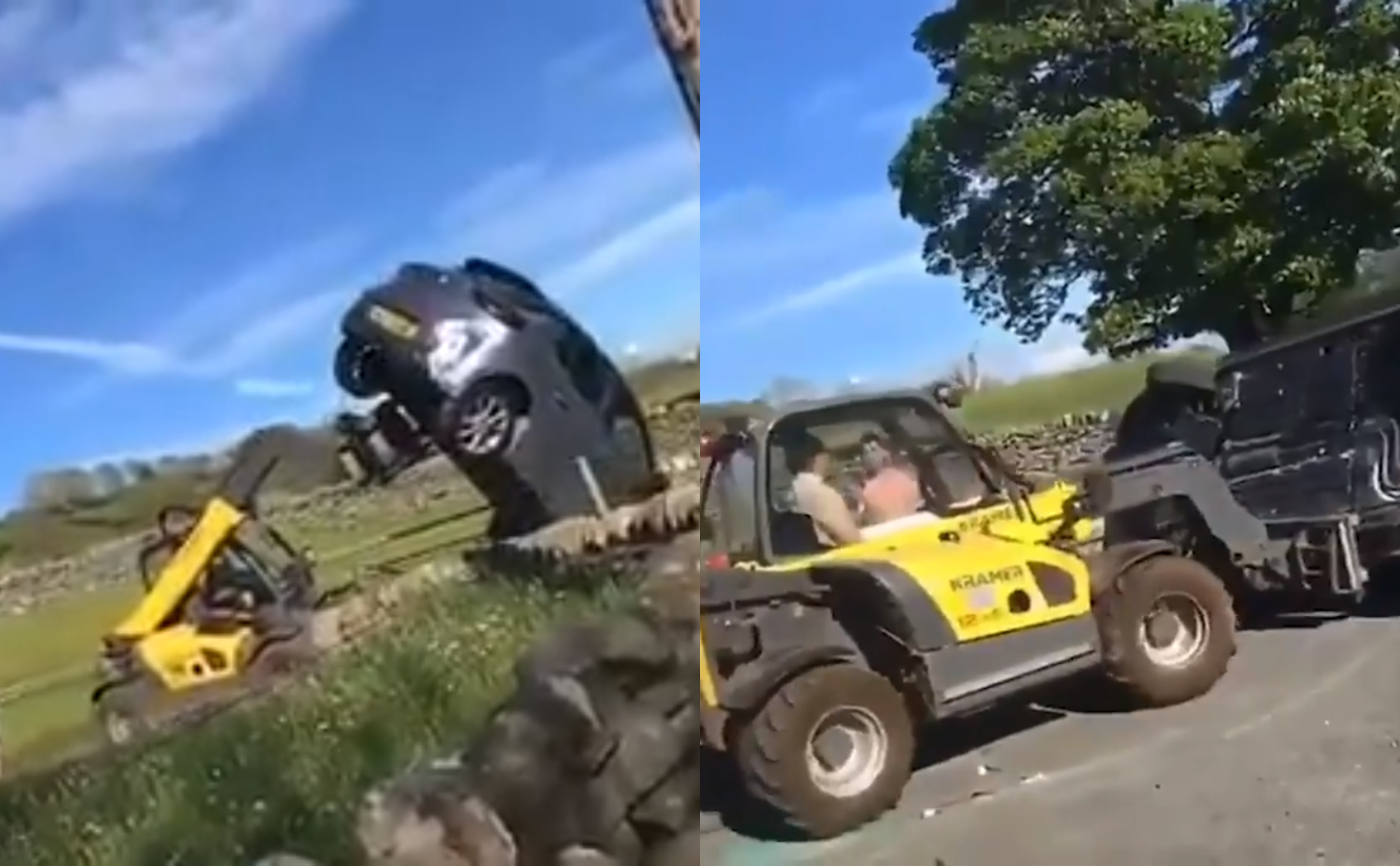 Šokiruojantis vaizdas: įsiutęs ūkininkas taranavo automobilį su traktoriumi ir jį apvertė (vaizdo įrašas)